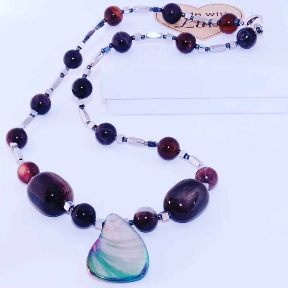 Black Agate, Hematite, Nacre Shell necklace